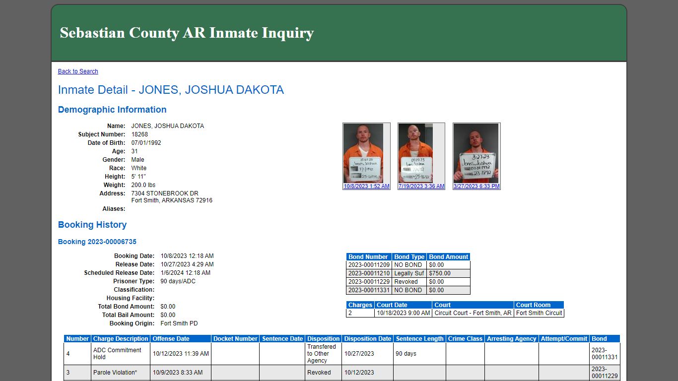 Inmate Detail - JONES, JOSHUA DAKOTA - Sebastian County, Arkansas